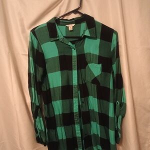 Green and Black Plaid Button-Up Shirt
